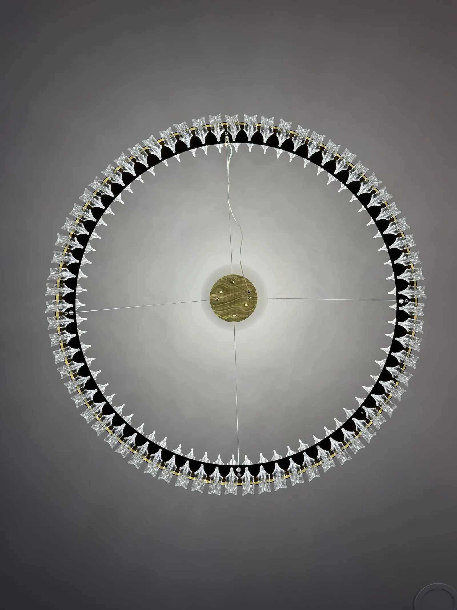 Crystal ring chandelier photographed from directly below
